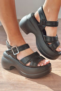 Lifon Black Faux Leather Platform Women's Sandals