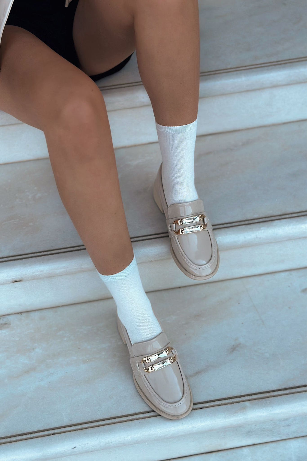 Sabella Beige Patent Faux Leather Embellished Women's Loafers