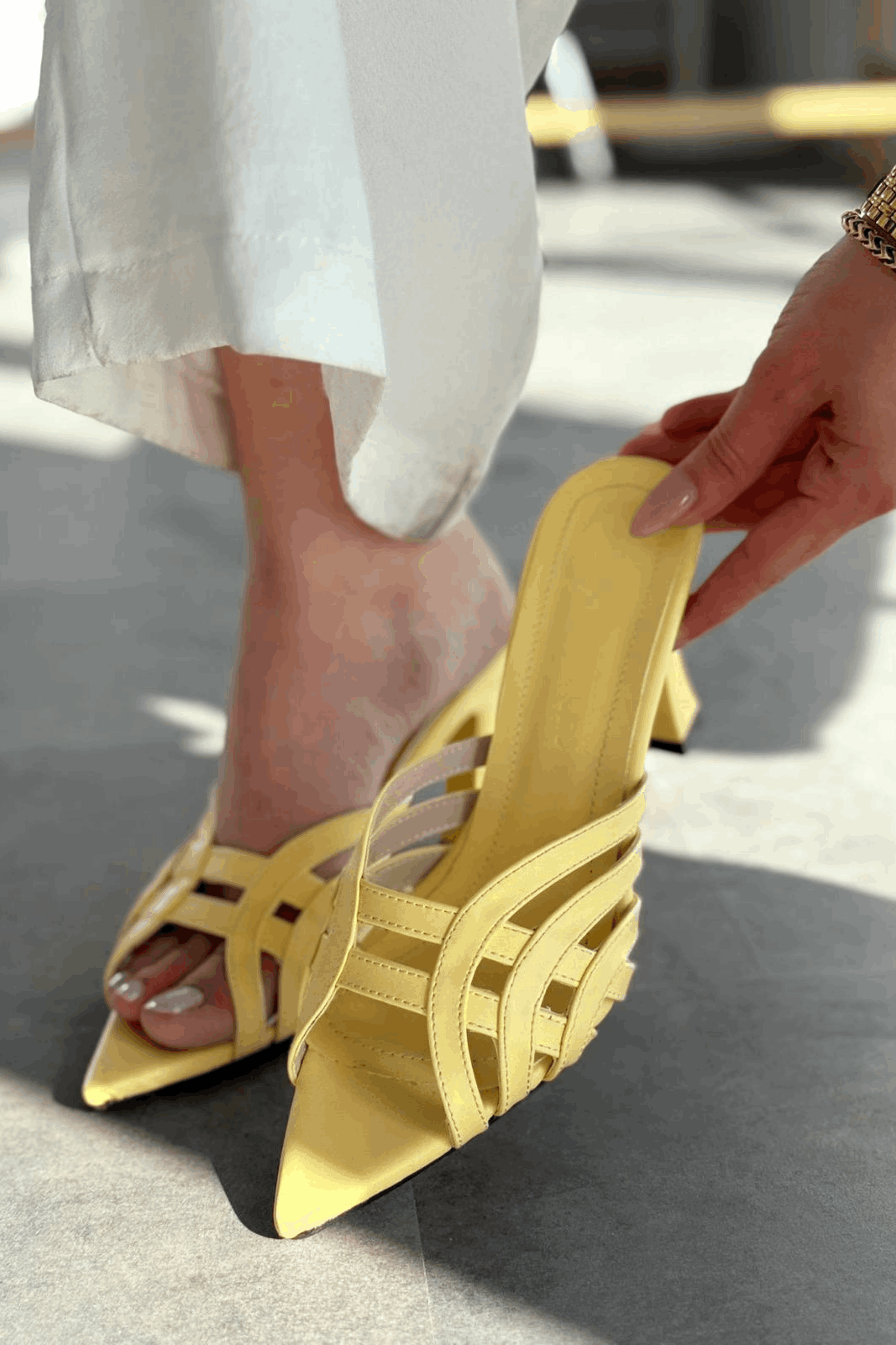 Lumon Yellow Faux Leather Strap Detail Pumps