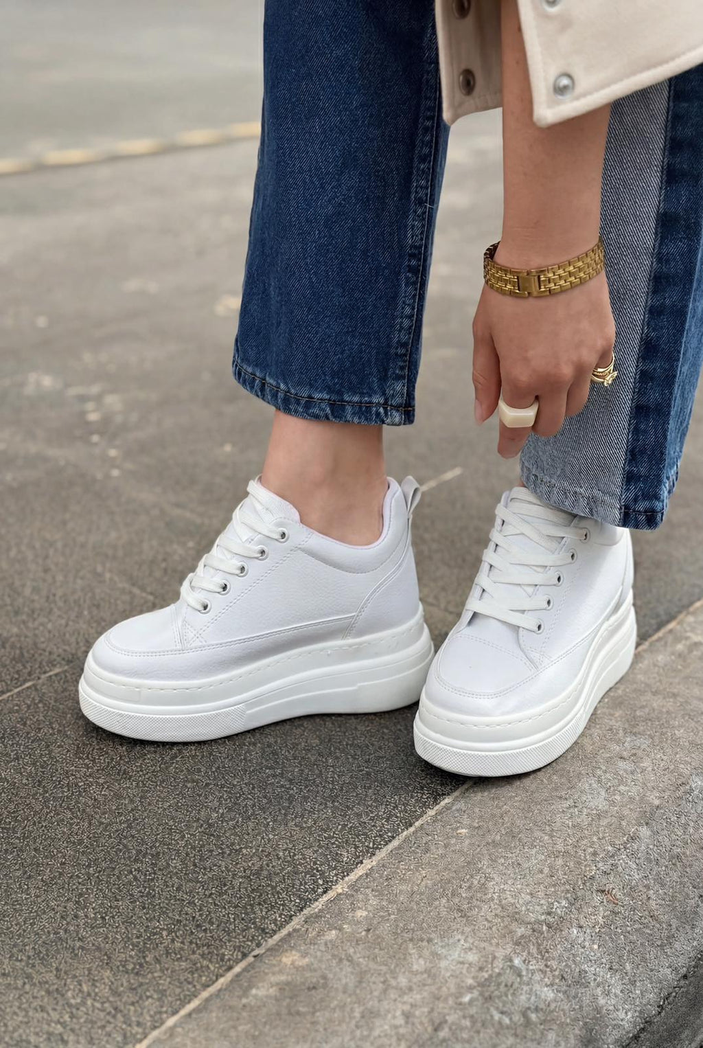 Korin White Faux Leather Women's Hidden Wedge Sneakers