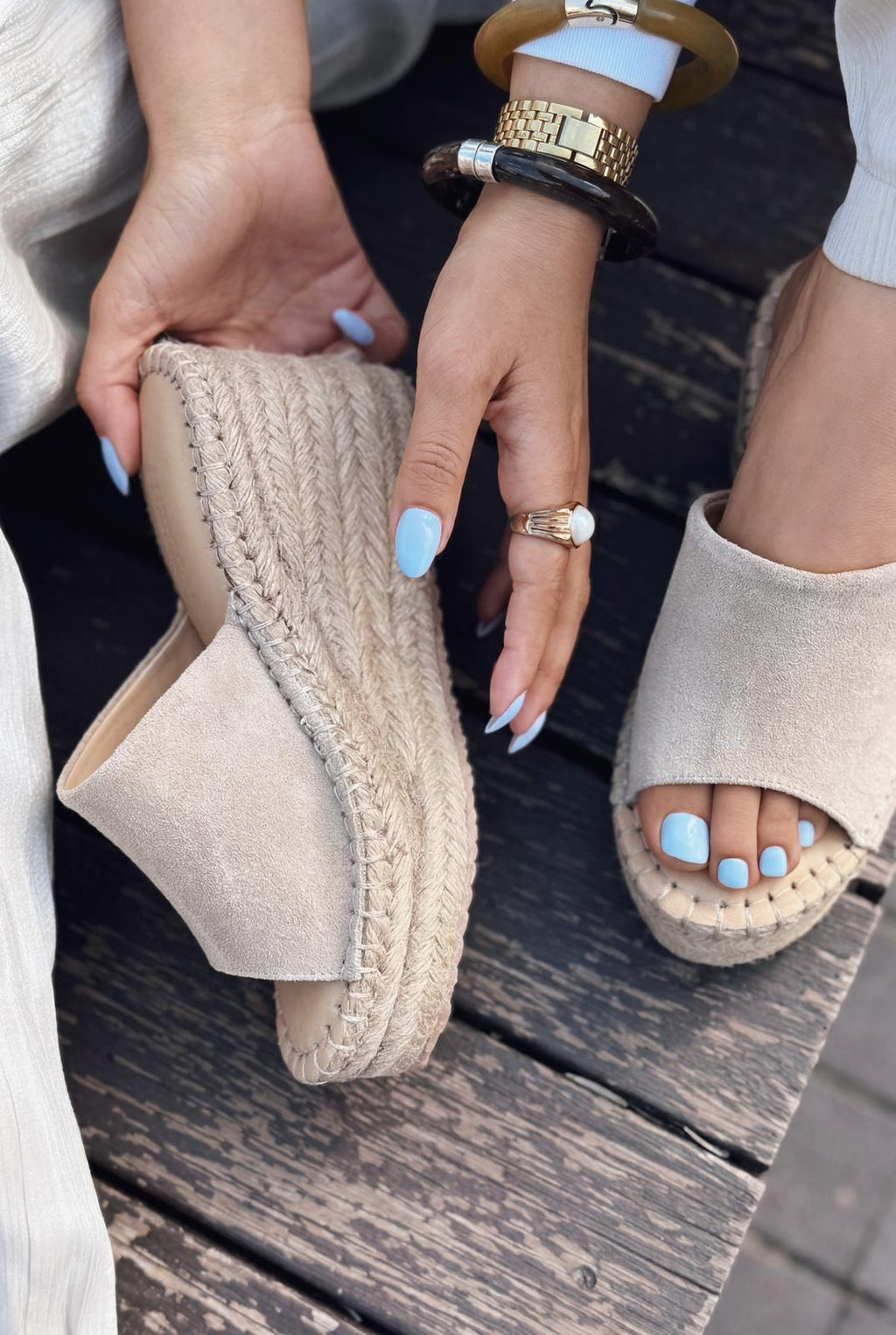 Lorver Beige Genuine Suede Women's Wedge Heel Mules