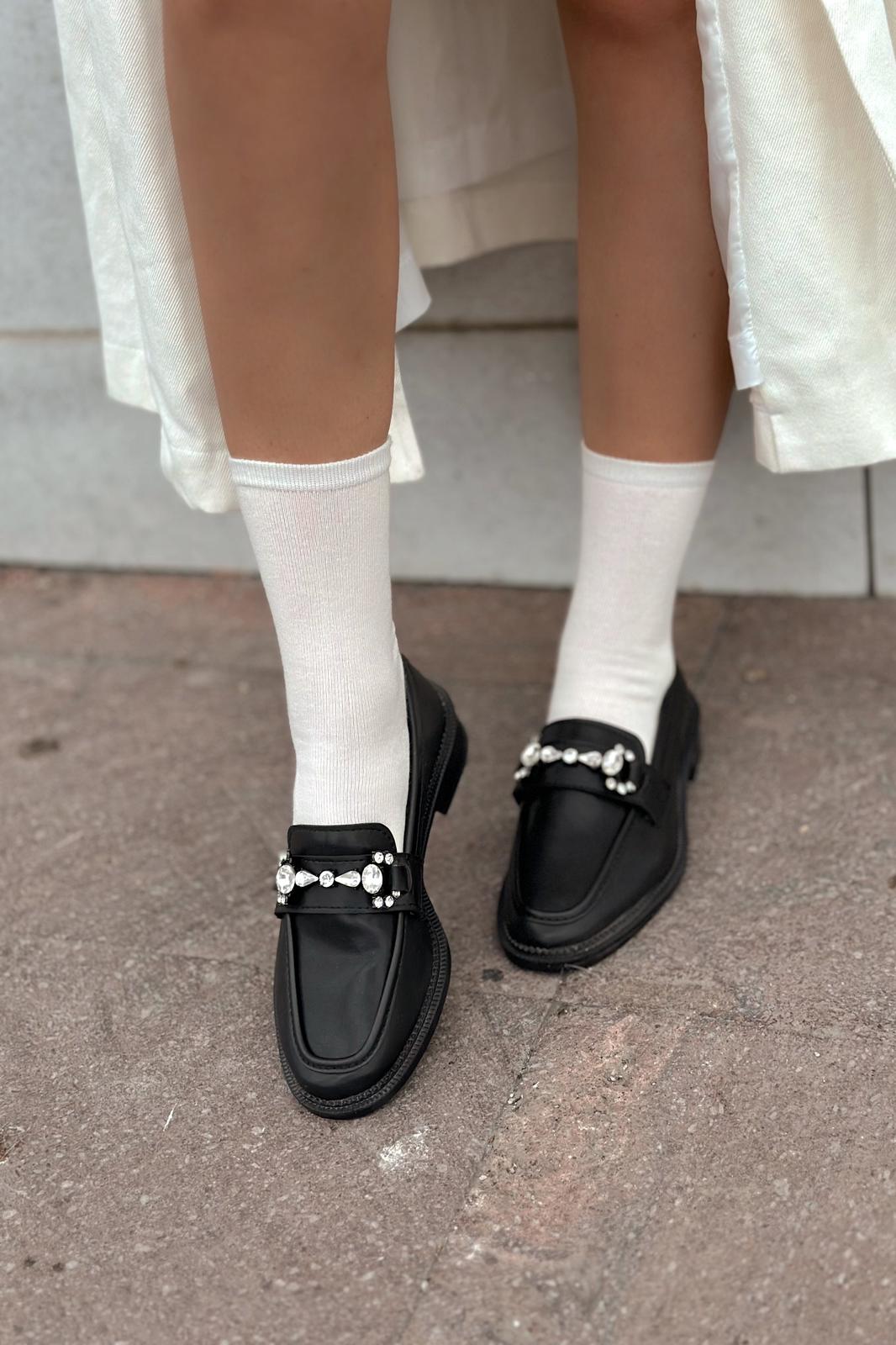 Vitelo Black Faux Leather Crystal Detail Women's Loafer