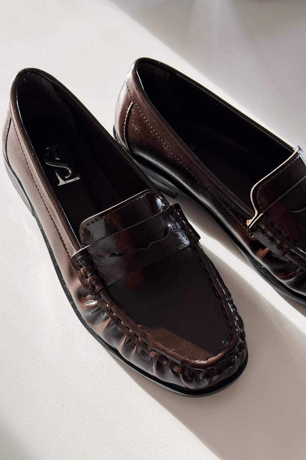 Marcel Dark Brown Crinkled Patent Faux Leather Women's Loafers