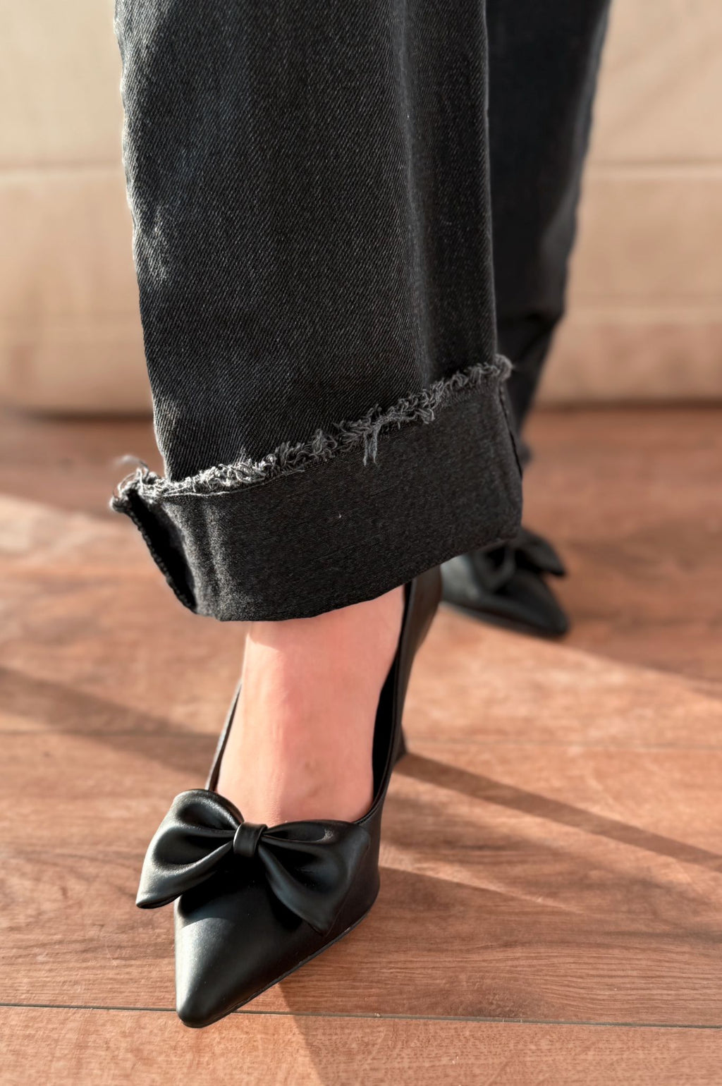 Odrin Black Bow Detail Faux Leather Women's Stilettos