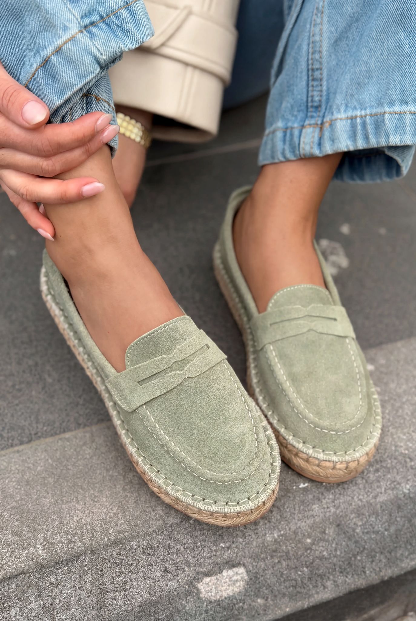 Celure Mint Green Genuine Suede Women's Espadrille Loafers