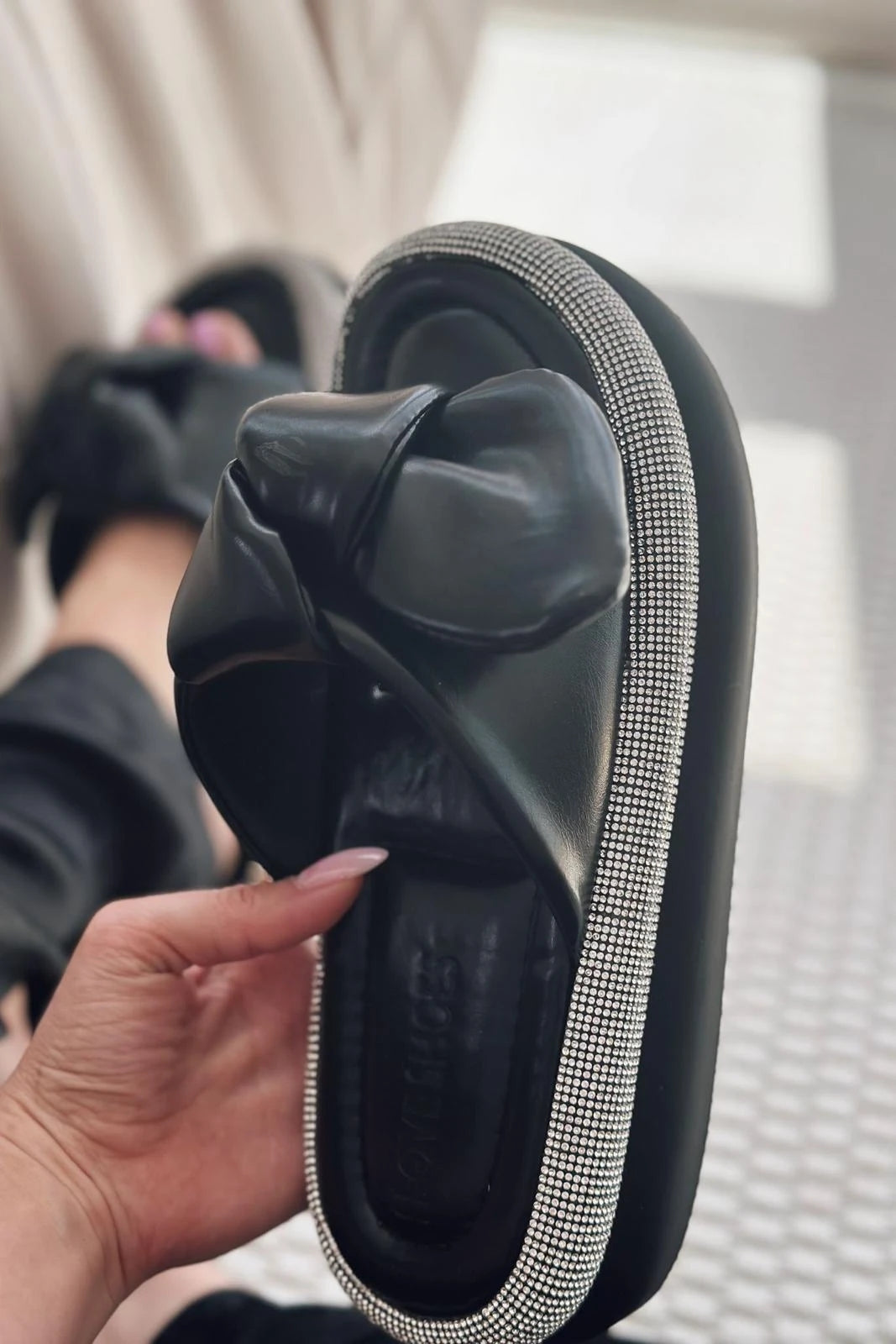Monnet Black Faux Leather Bow Detail Women's Slides
