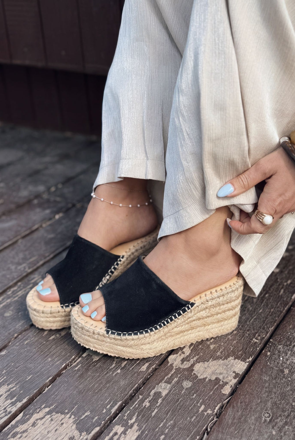 Lorver Black Genuine Suede Women's Wedge Heel Mules