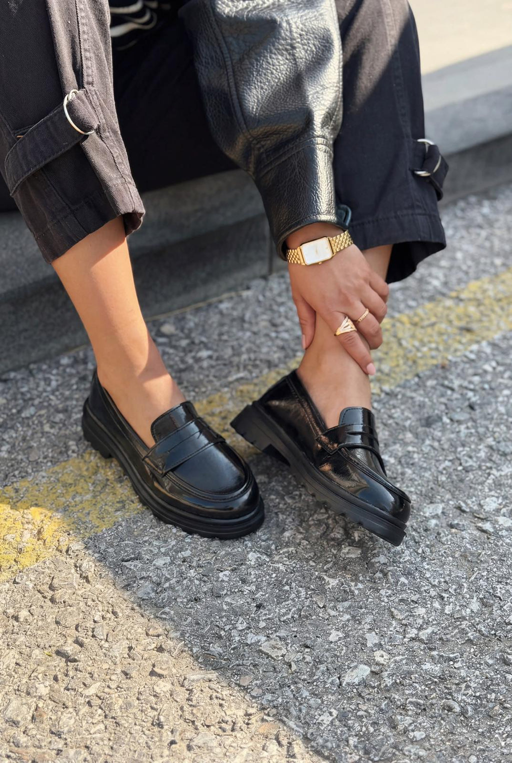 Kastrel Black Crinkle Patent Faux Leather Women's Loafers