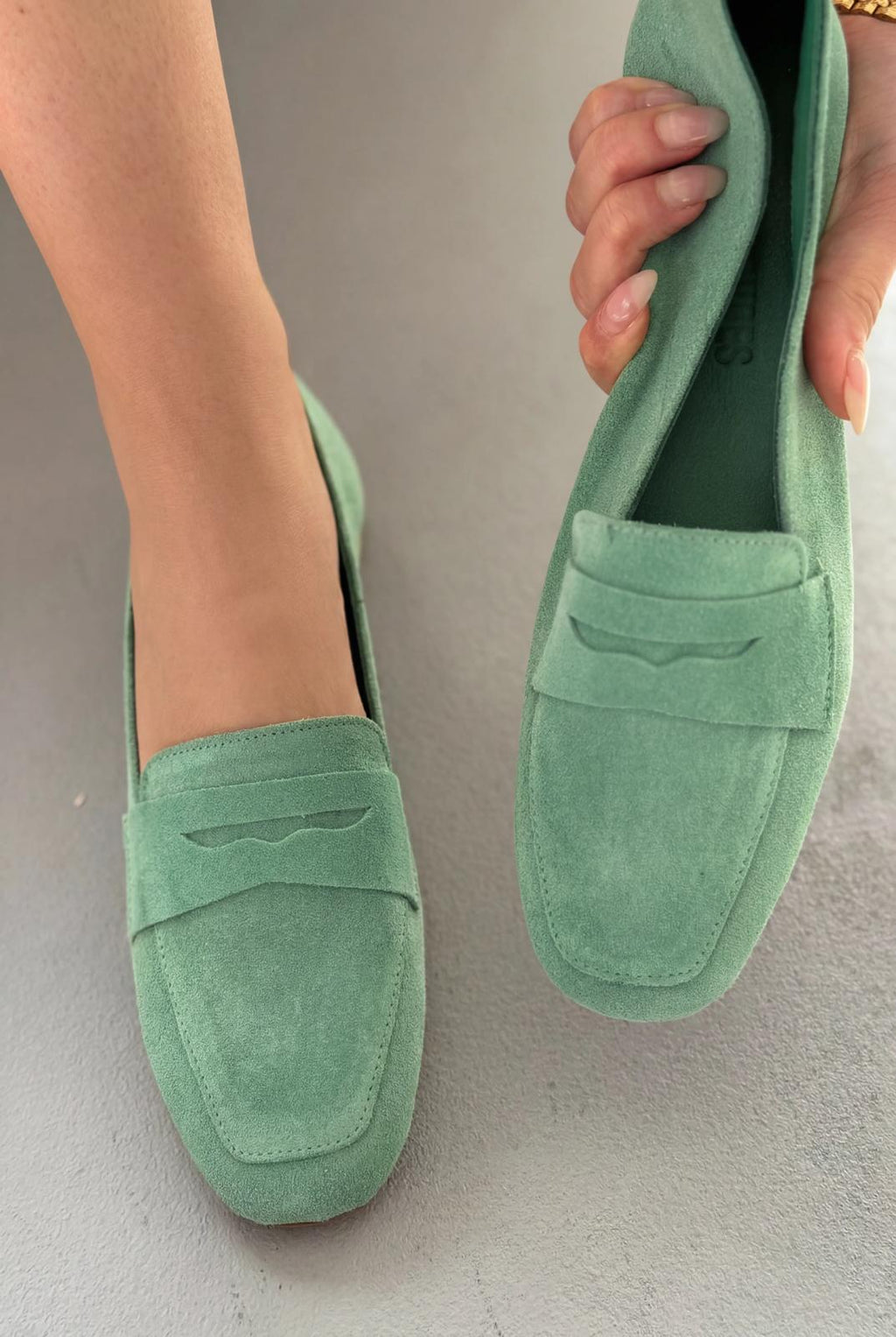 Melniel Green Genuine Suede Women's Loafers
