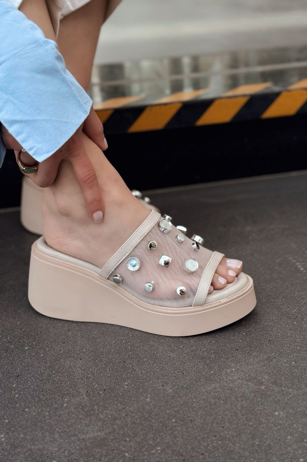 Palien Beige Studded Faux Leather Wedge Heel Women's Mules