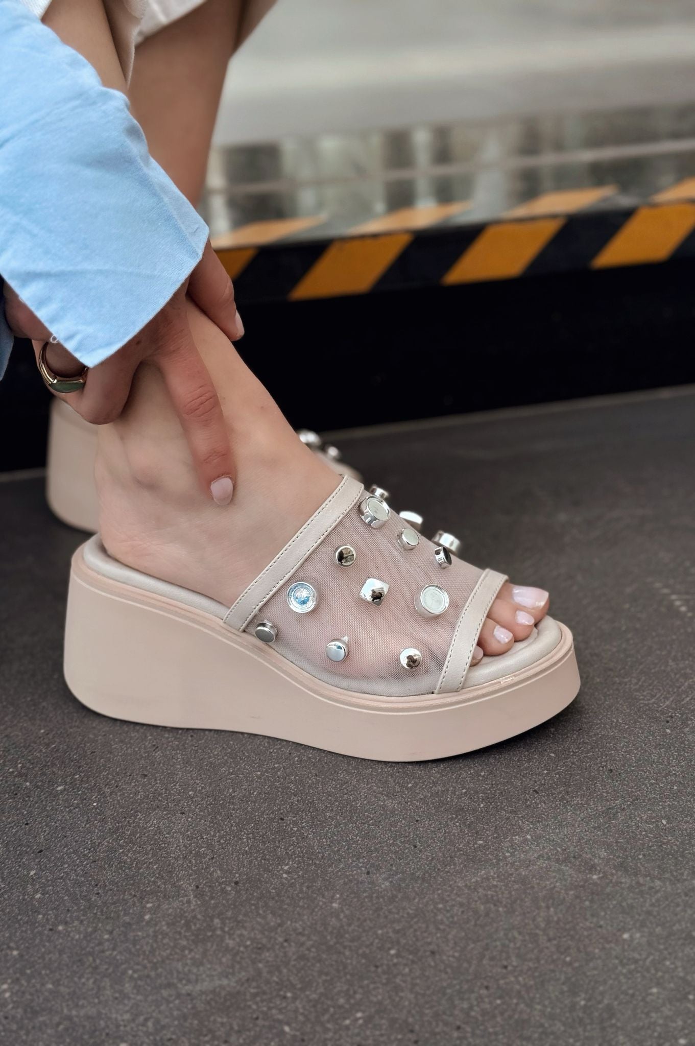 Palien Beige Studded Faux Leather Wedge Heel Women's Mules