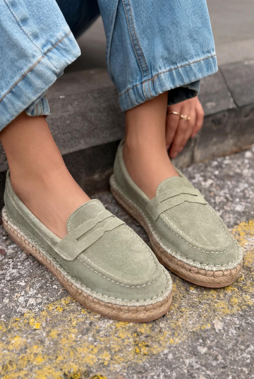 Celure Mint Green Genuine Suede Women's Espadrille Loafers