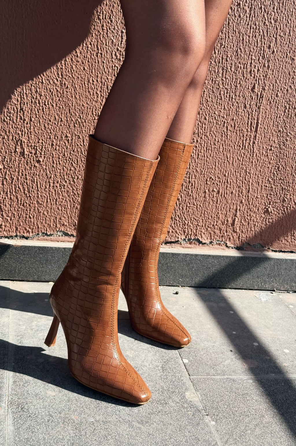 Jorani Faux Leather Embossed Tan High Heel Boots