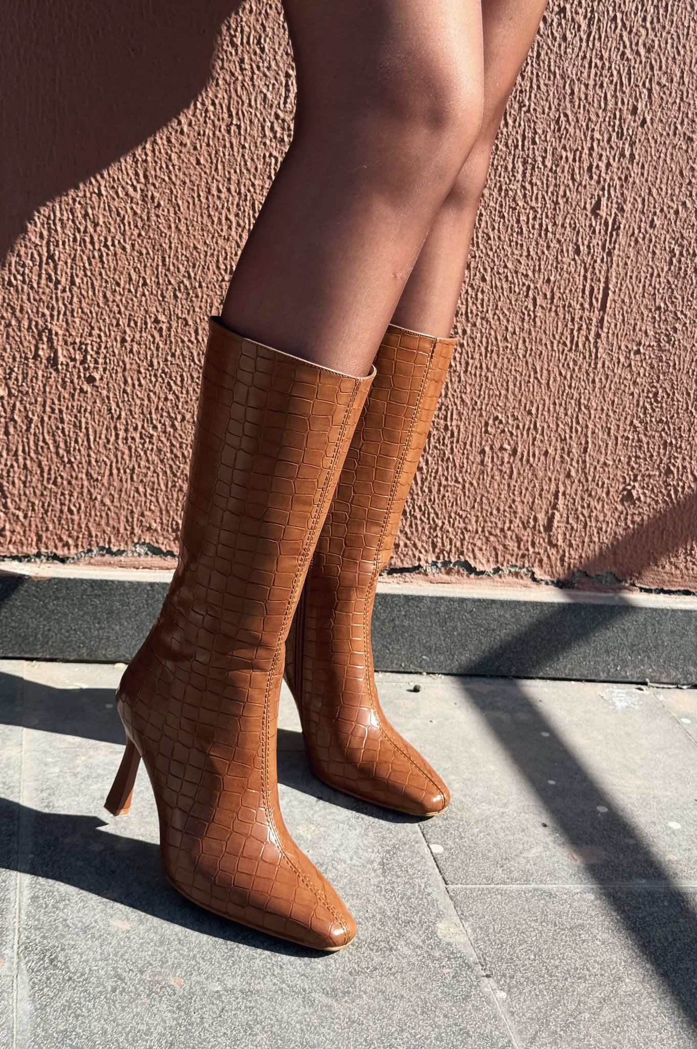 Jorani Faux Leather Embossed Tan High Heel Boots
