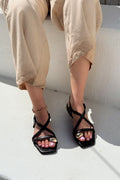 Vontels Black Faux Leather Buckle Detail Women's Sandals