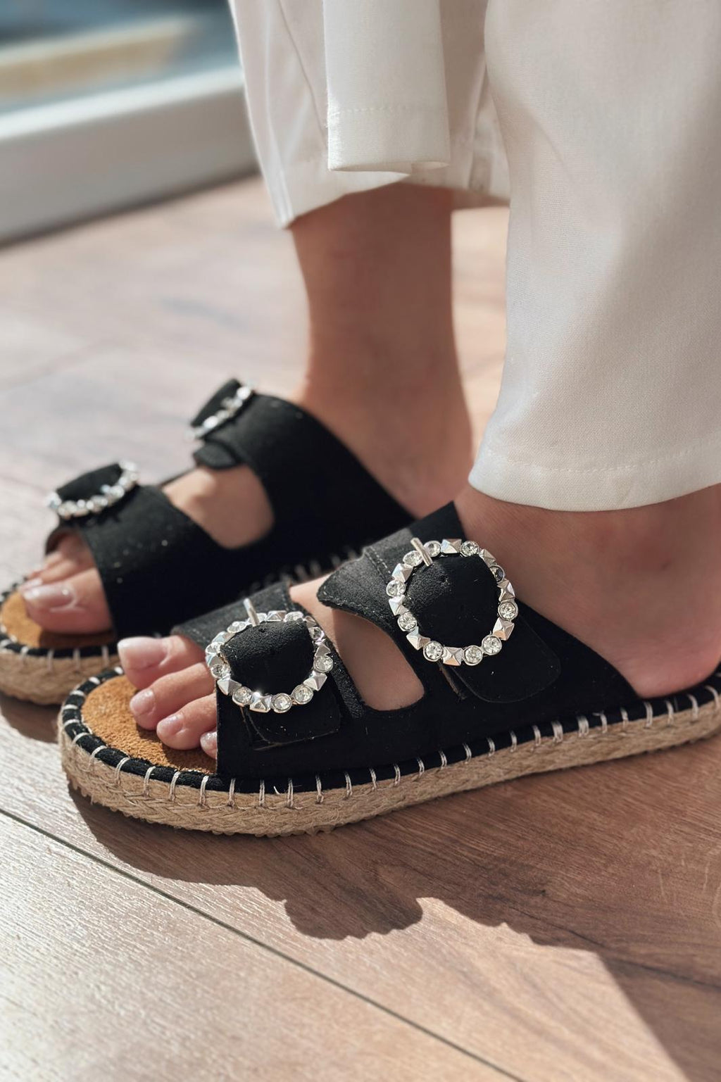 Cosin Black Suede Embellished Women's Slides