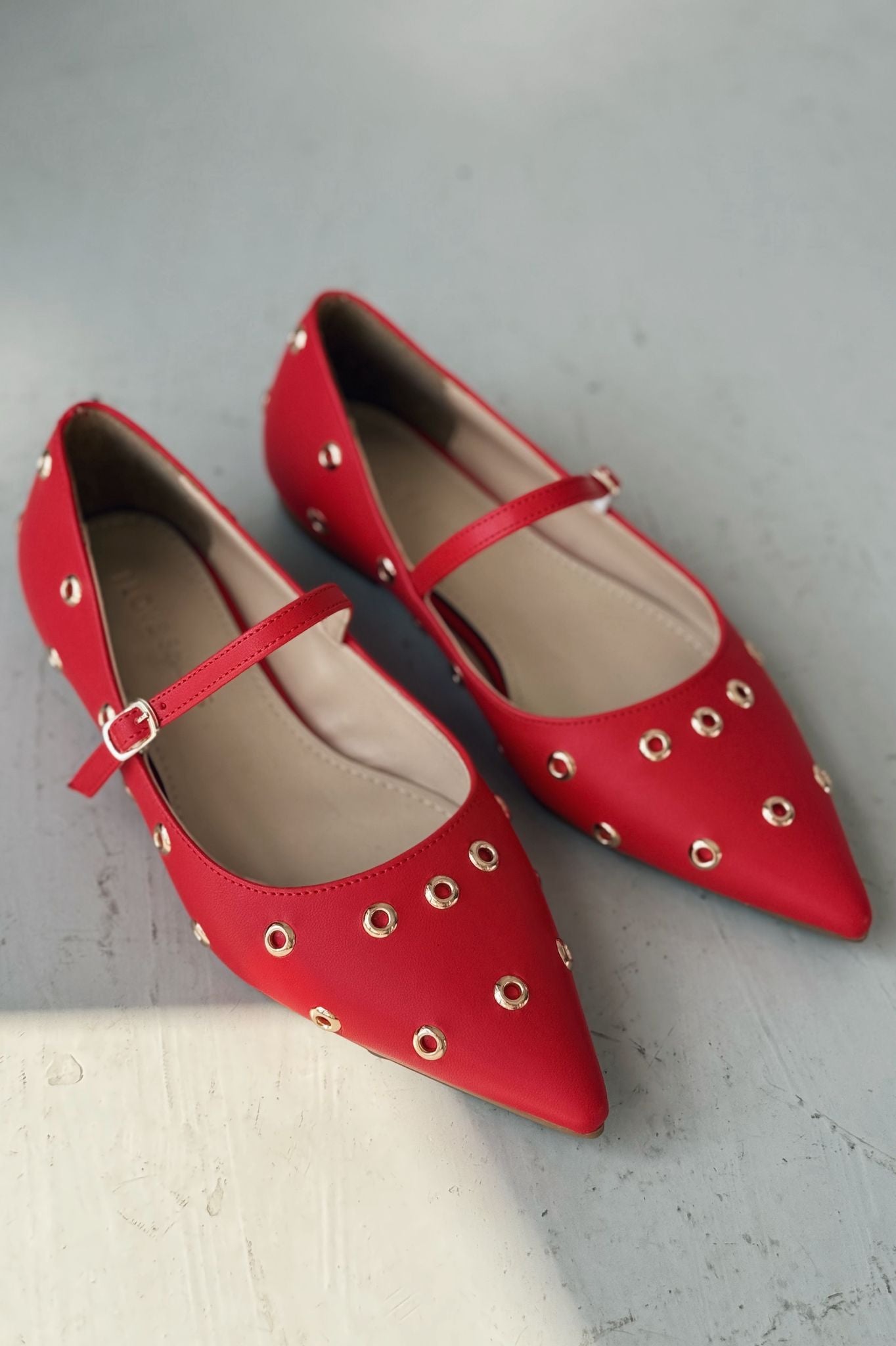 Zelix Red Faux Leather Women's Studded Flats