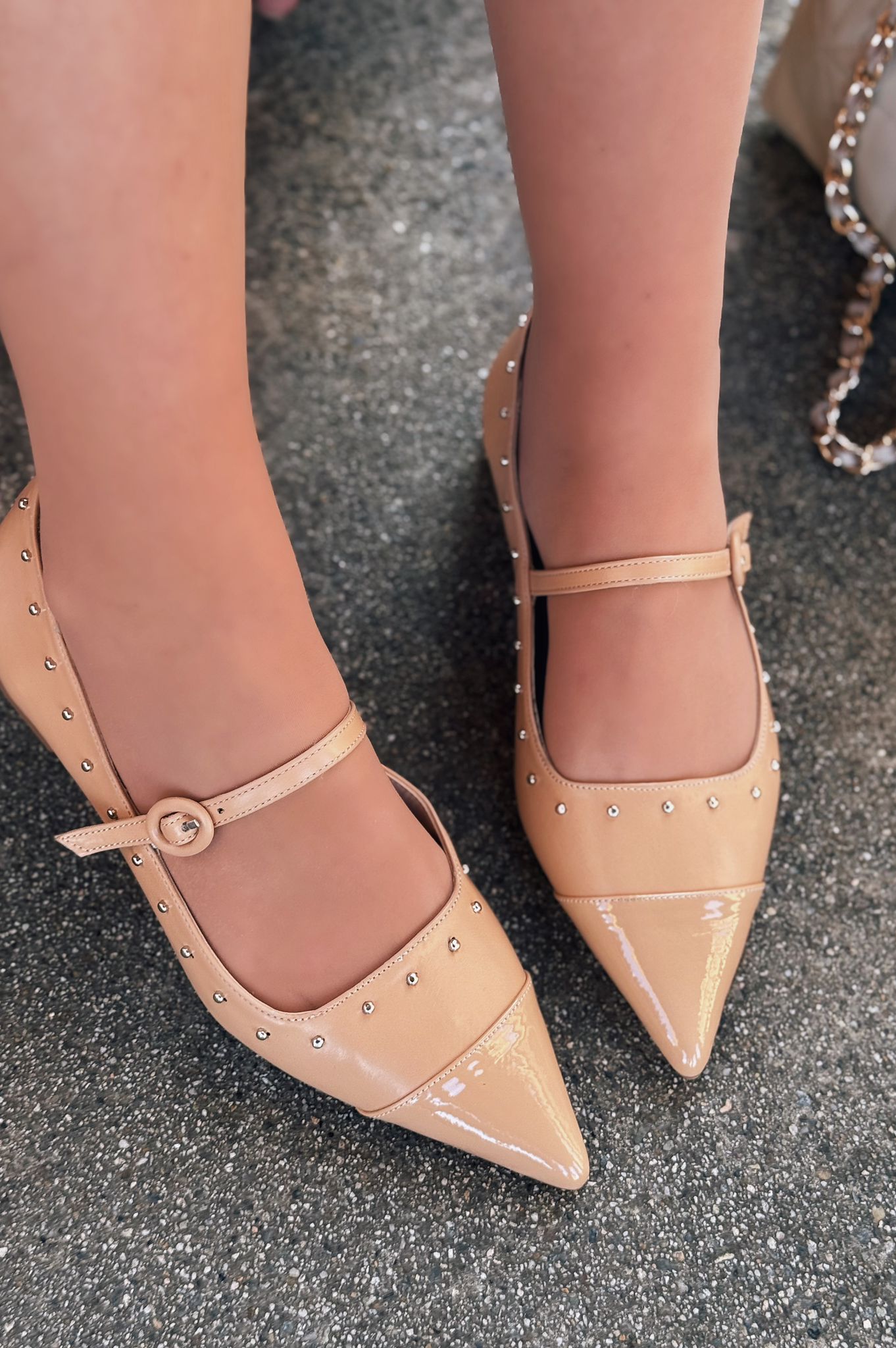 Panilo Nude Faux Leather Studded Women's Flats