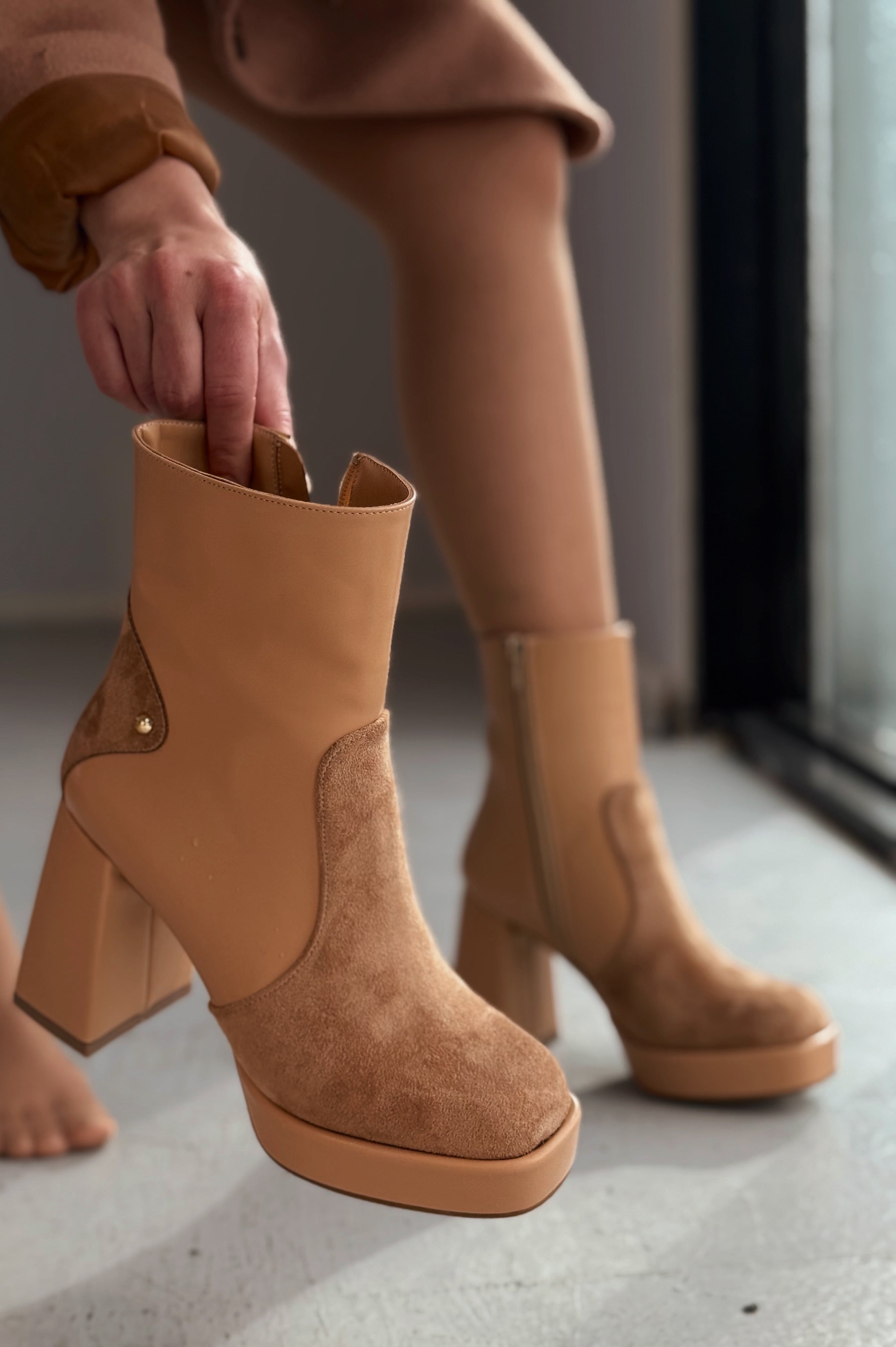 Olexsa Nude Faux Leather High Heel Women's Boots