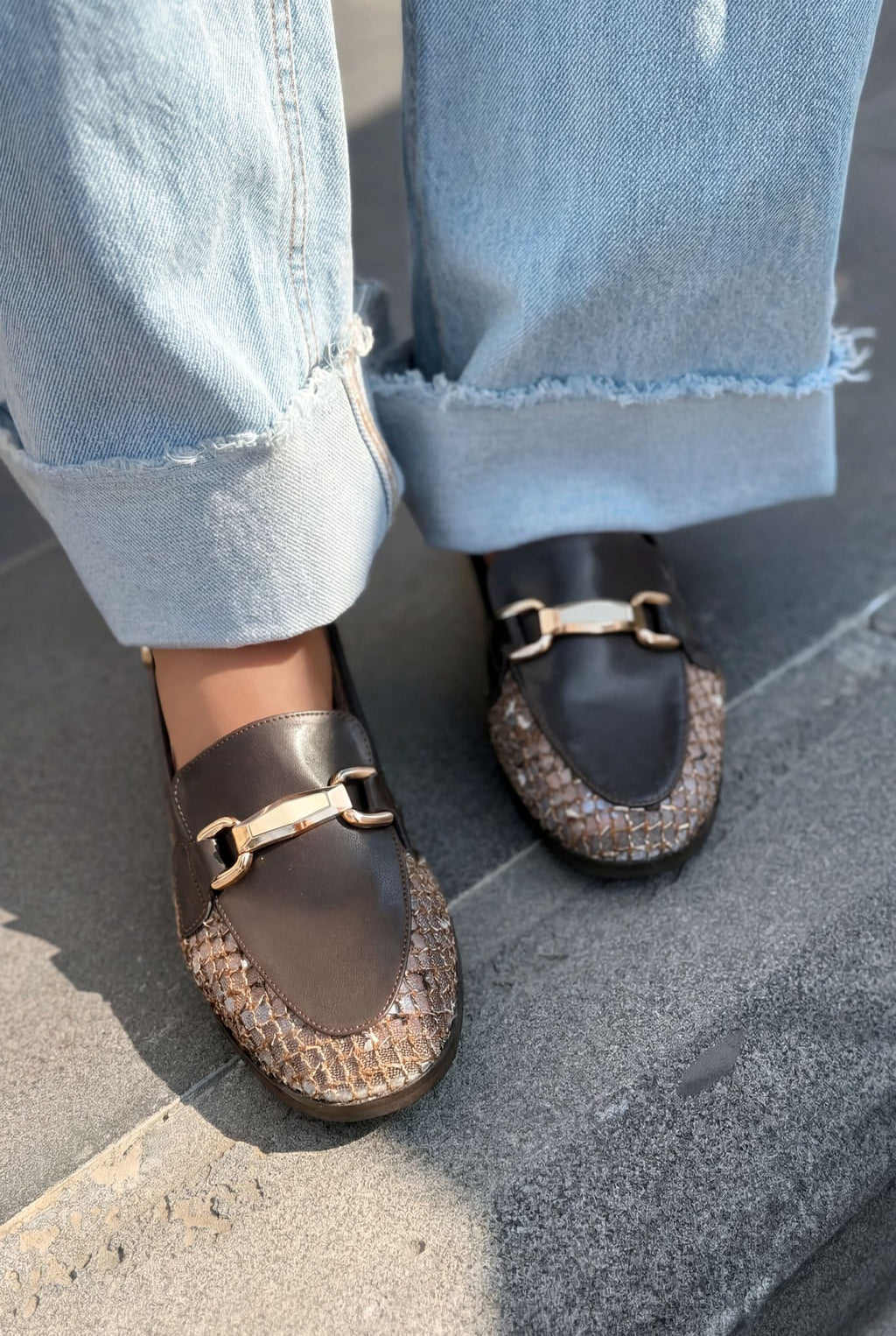 Delter Dark Brown Faux Leather Mesh Women's Loafers