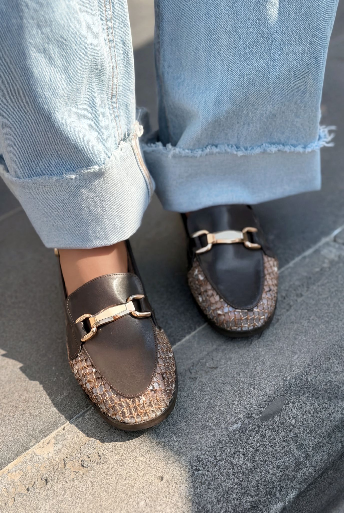 Delter Dark Brown Faux Leather Mesh Women's Loafers