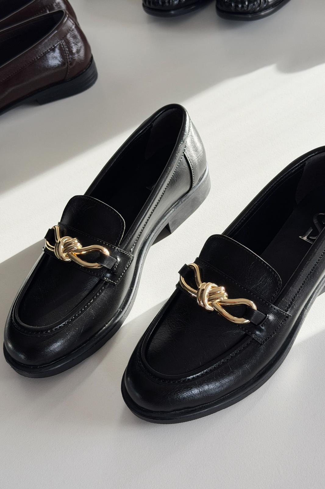 Norel Black Faux Leather Bow Detail Women's Loafers