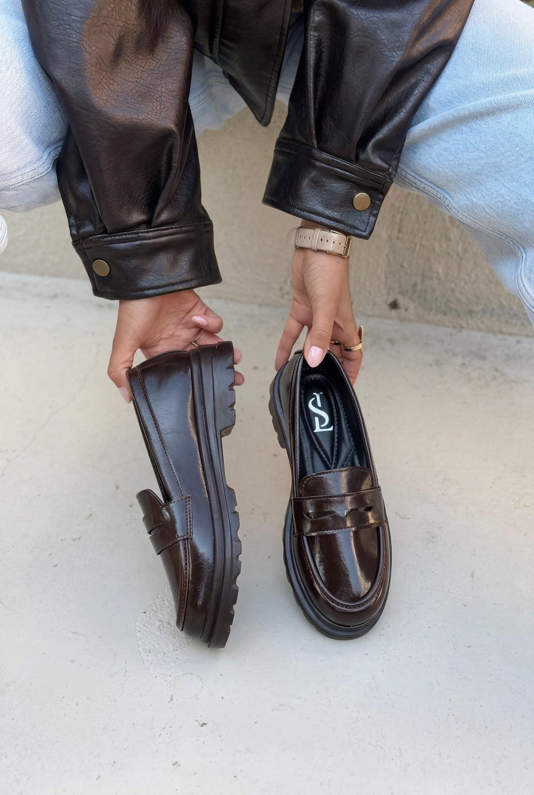 Kastrel Dark Brown Crinkle Patent Faux Leather Women's Loafers