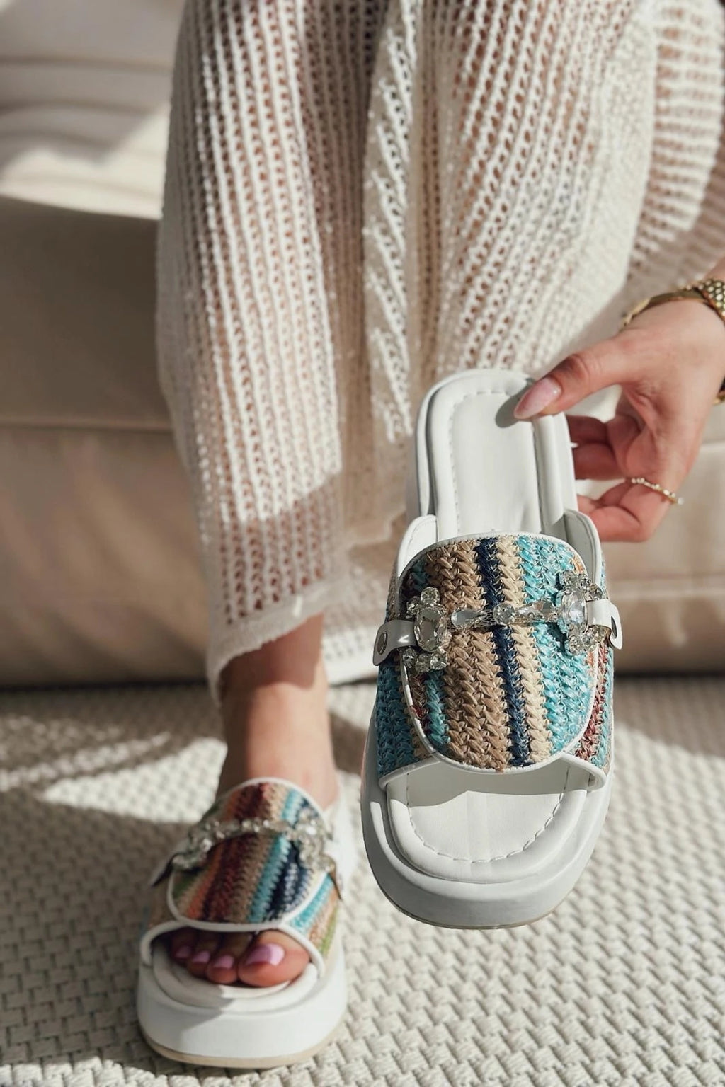 Nilossa White Faux Leather Stone Detail Women's Slides