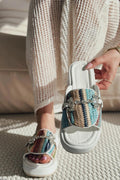 Nilossa White Faux Leather Stone Detail Women's Slides