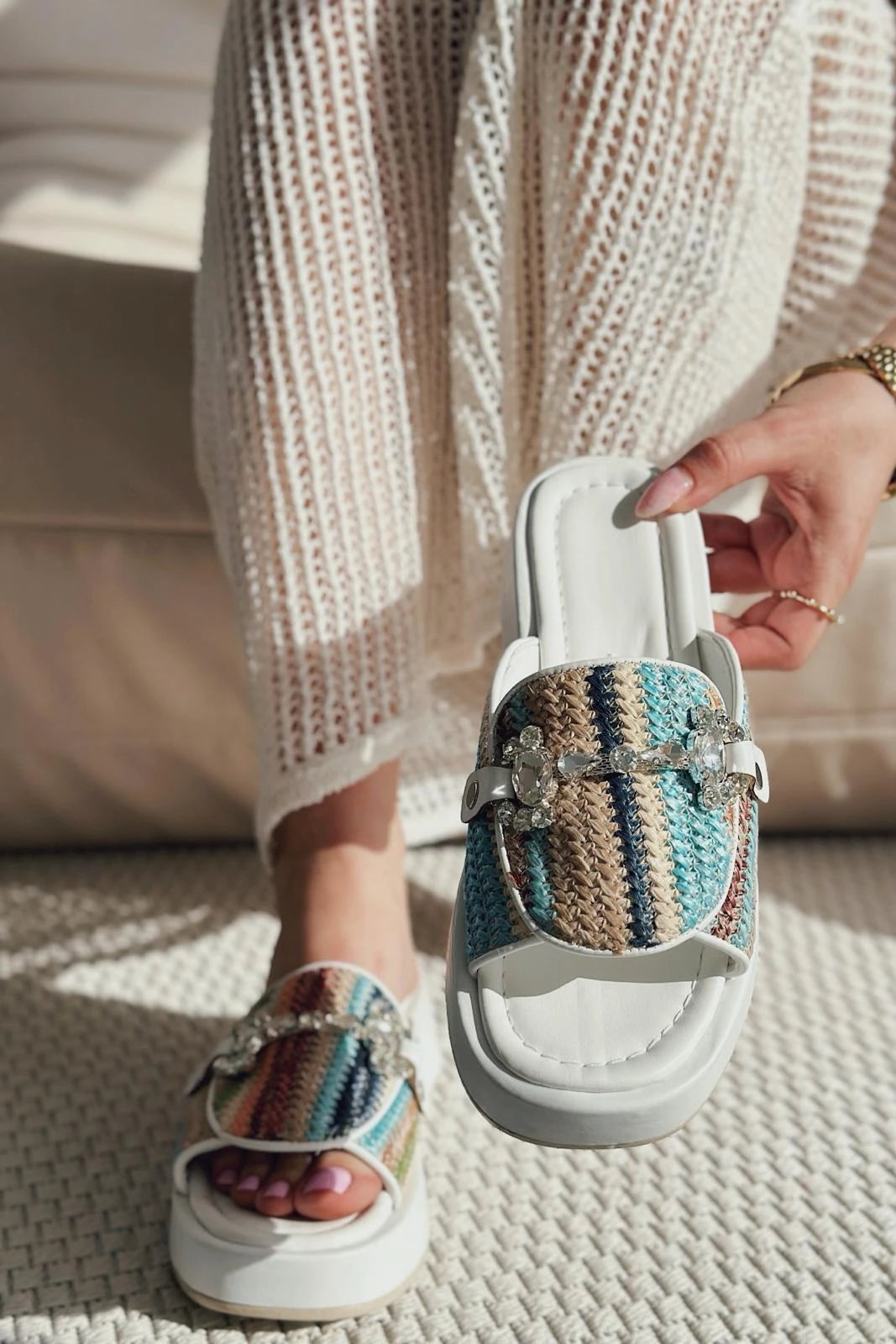 Nilossa White Faux Leather Stone Detail Women's Slides