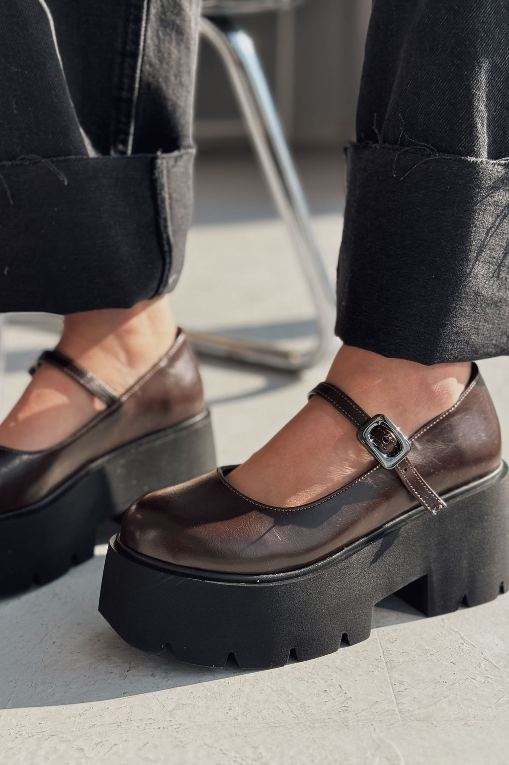 Tinos Dark Brown Faux Leather Platform Women's Mary Jane