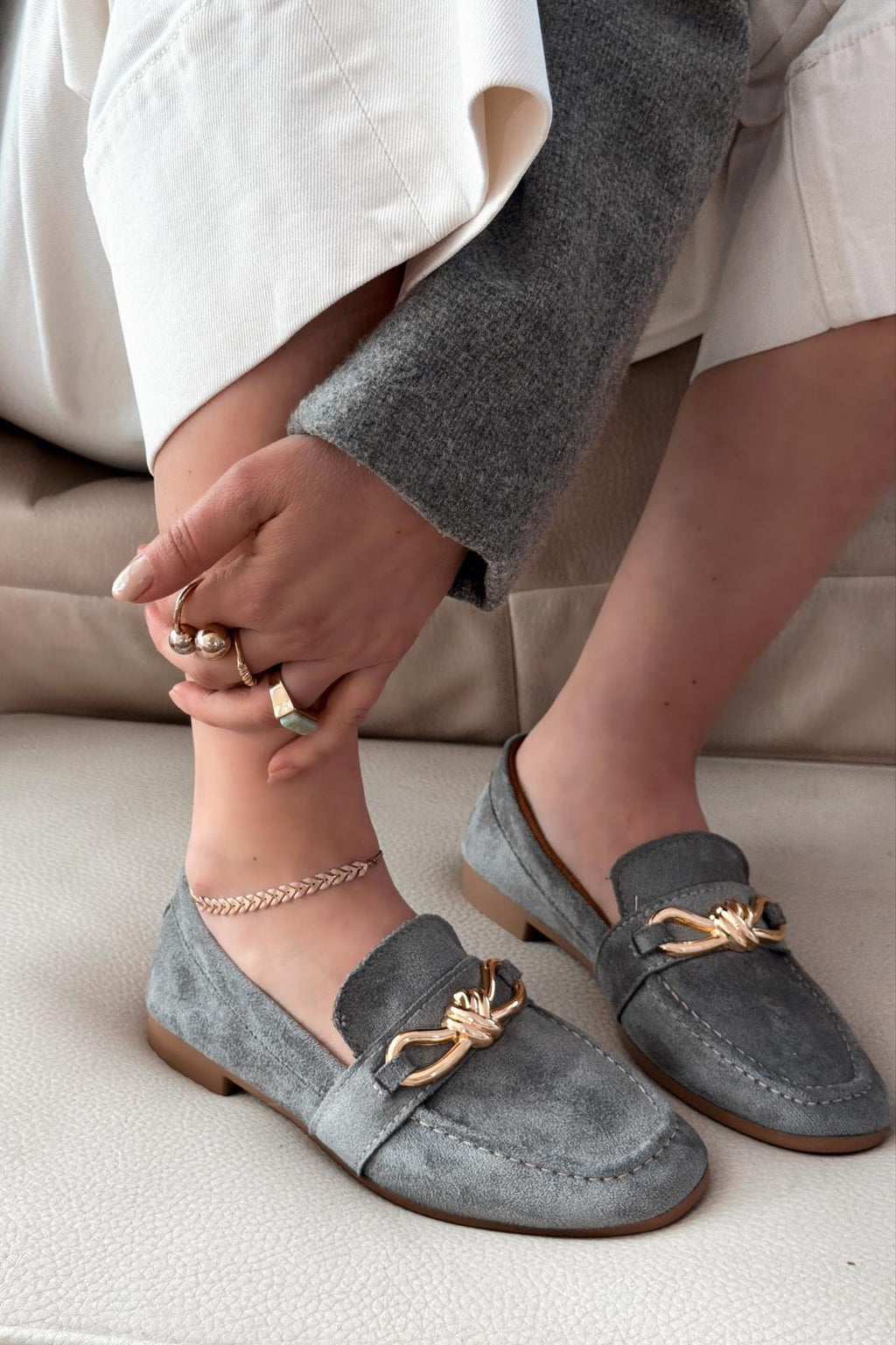 Avelis Grey Suede Bow Detail Women's Loafers
