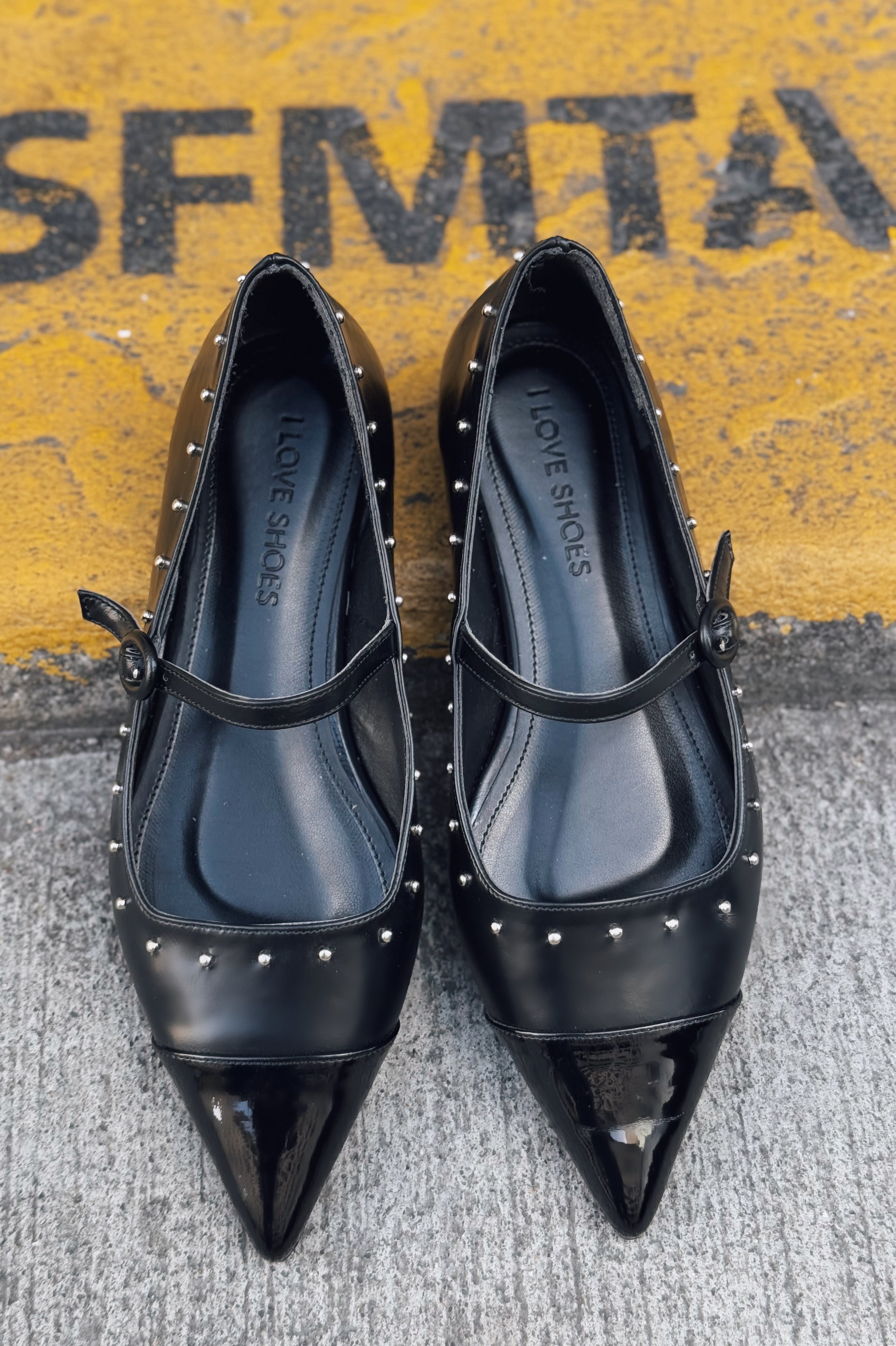 Panilo Black Faux Leather Studded Women's Flats