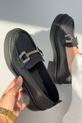 Owend Black Faux Leather Buckle Detail Women's Loafers