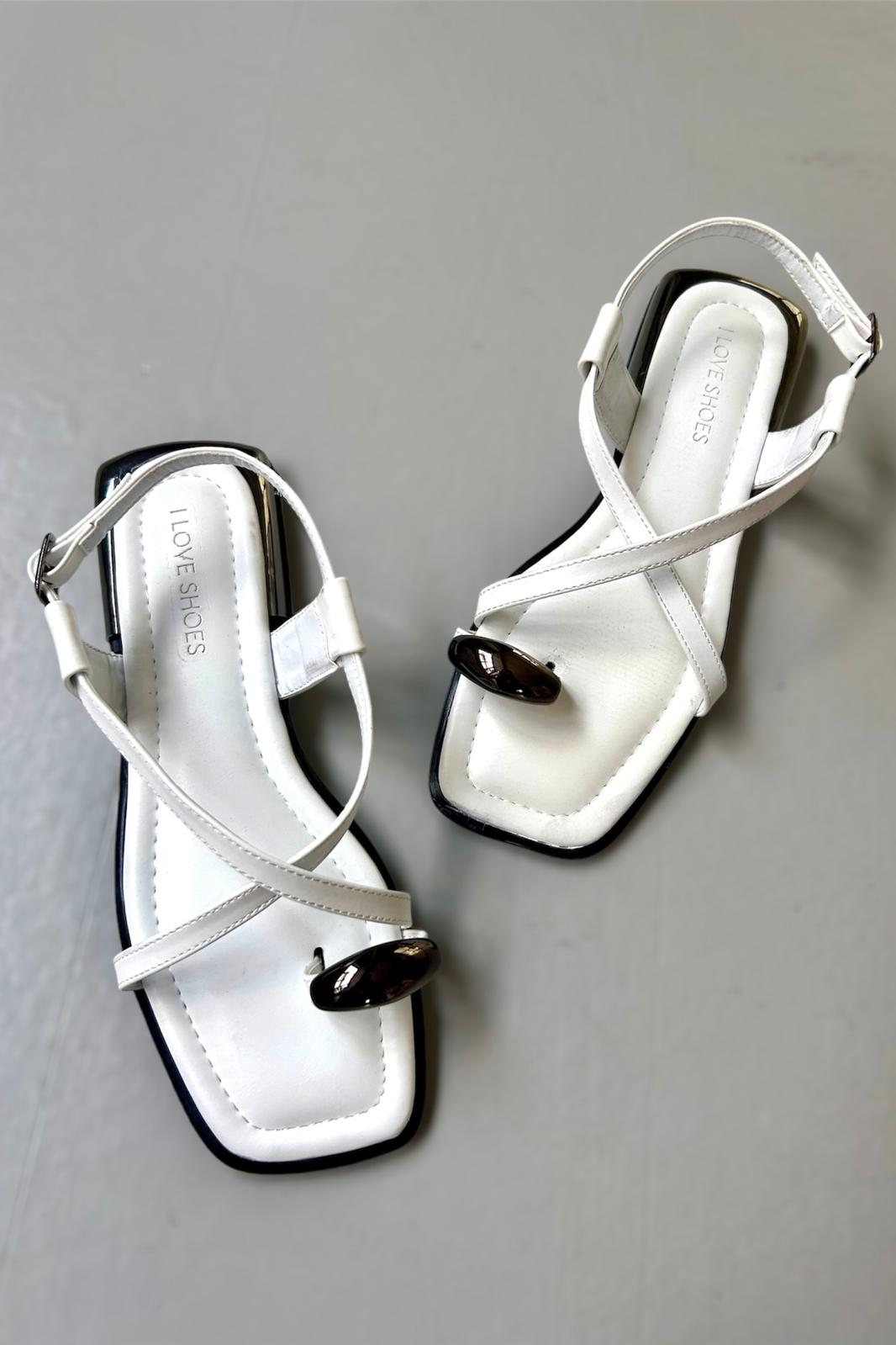 Sewons White Faux Leather Buckle Detail Women's Sandals