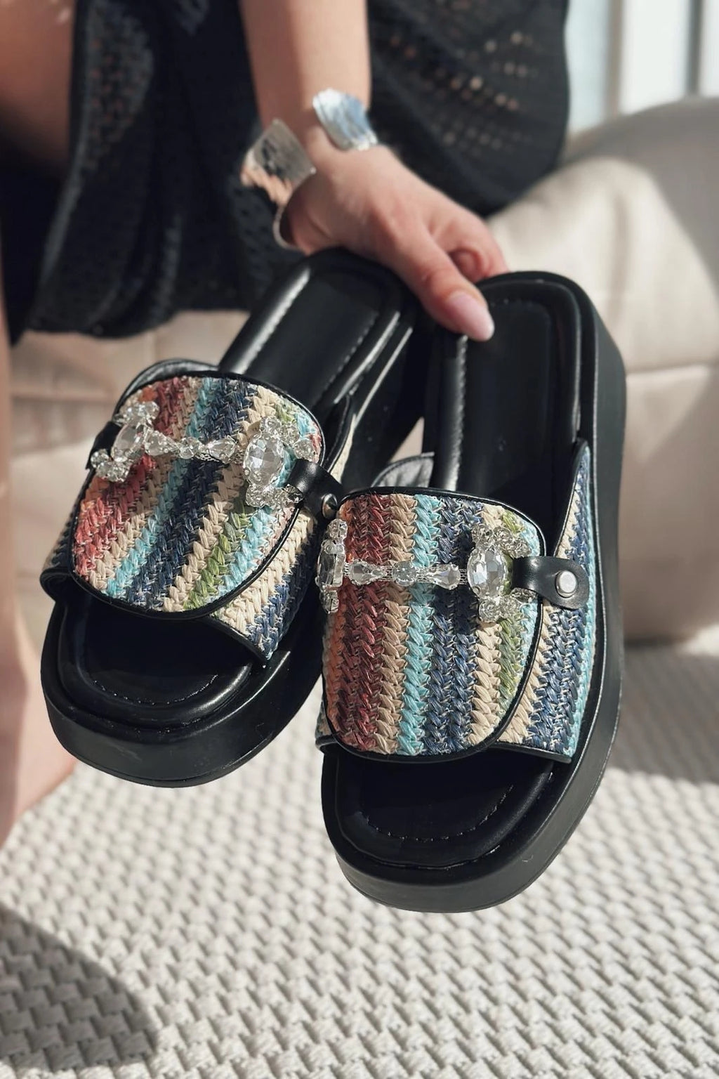 Nilossa Black Faux Leather Stone-Embellished Women's Slides