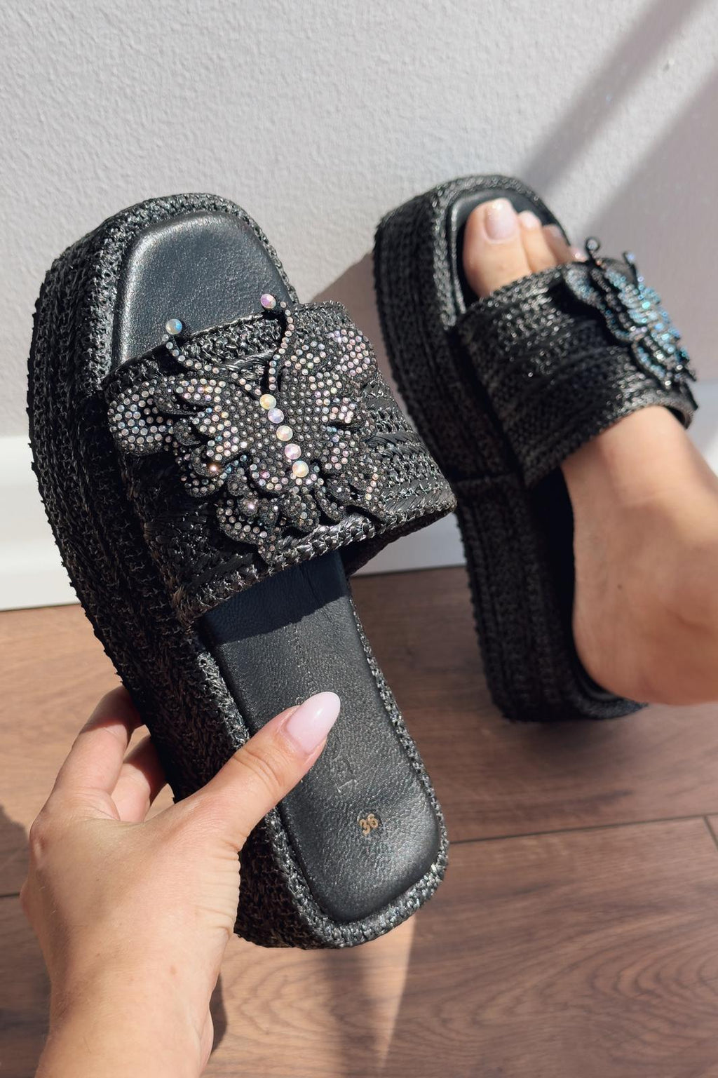 Dayned Black Raffia Crystal Detail Women's Slides