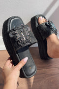 Dayned Black Raffia Crystal Detail Women's Slides