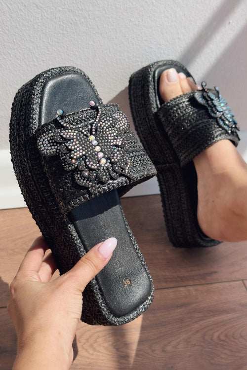 Dayned Black Raffia Crystal Detail Women's Slides