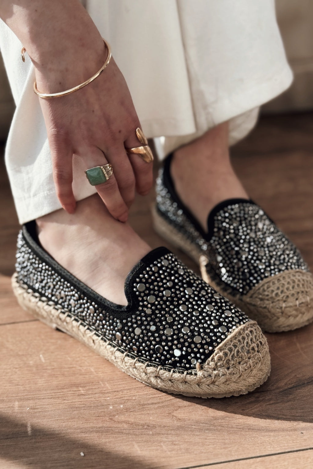 Jorelis Black Suede Stone Embellished Women's Espadrille Loafers
