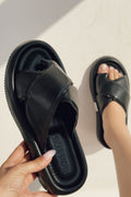 Dersad Black Faux Leather Women's Thong Sandals