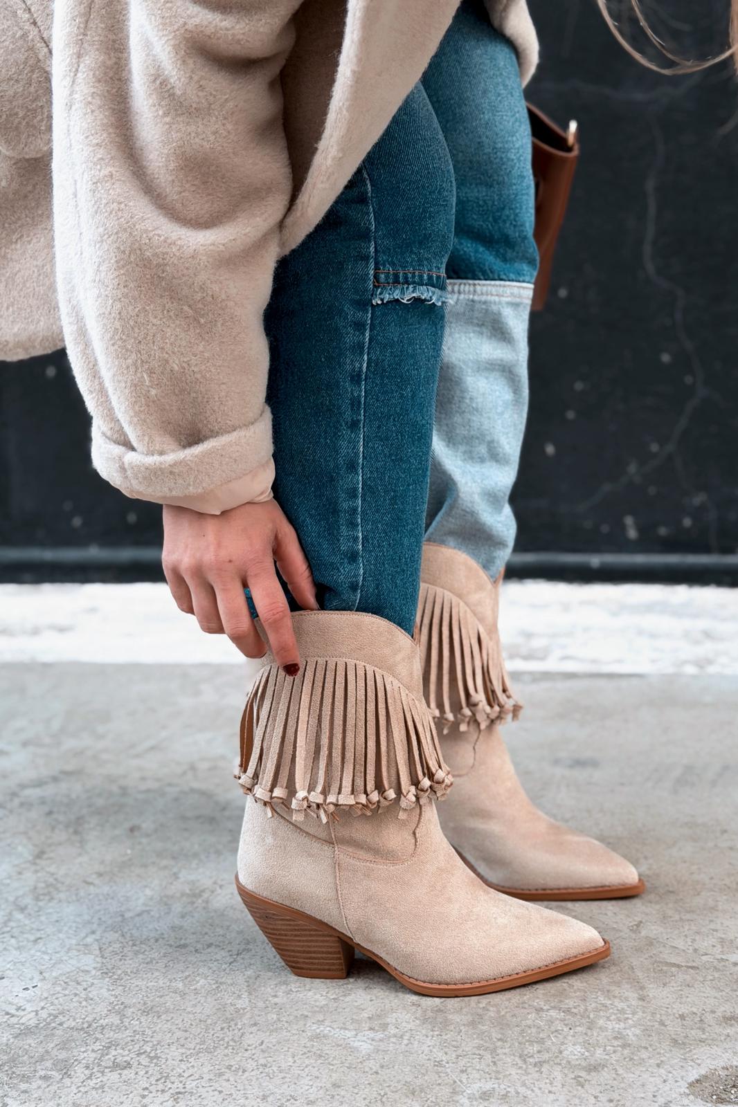 Iserne Beige Suede Fringe Women's Cowboy Boots