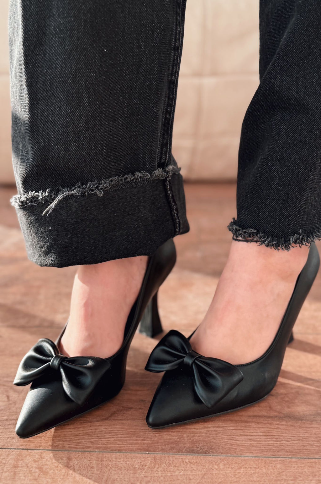 Odrin Black Bow Detail Faux Leather Women's Stilettos