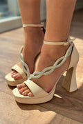 Tansor Beige Satin Rhinestone Women's Platform Pumps