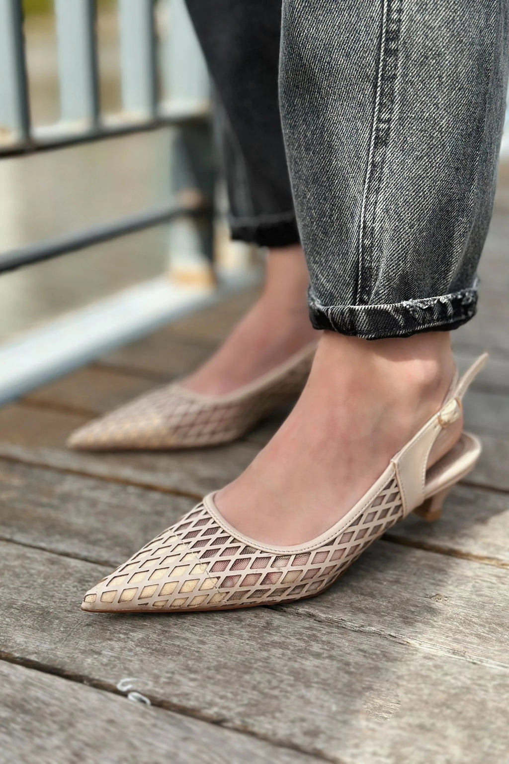 Talin Nude Faux Leather Mesh Detail Women's Low Heel Stilettos