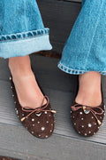 Vessa Dark Brown Genuine Suede Studded Women's Flats