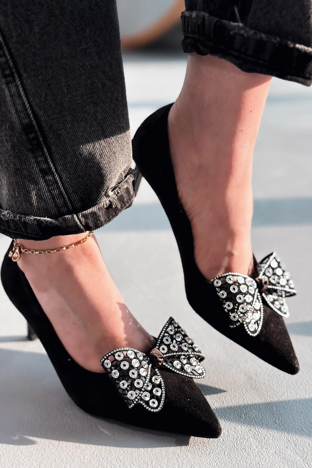 Sorexa Black Suede Bow Detail Women's Stilettos