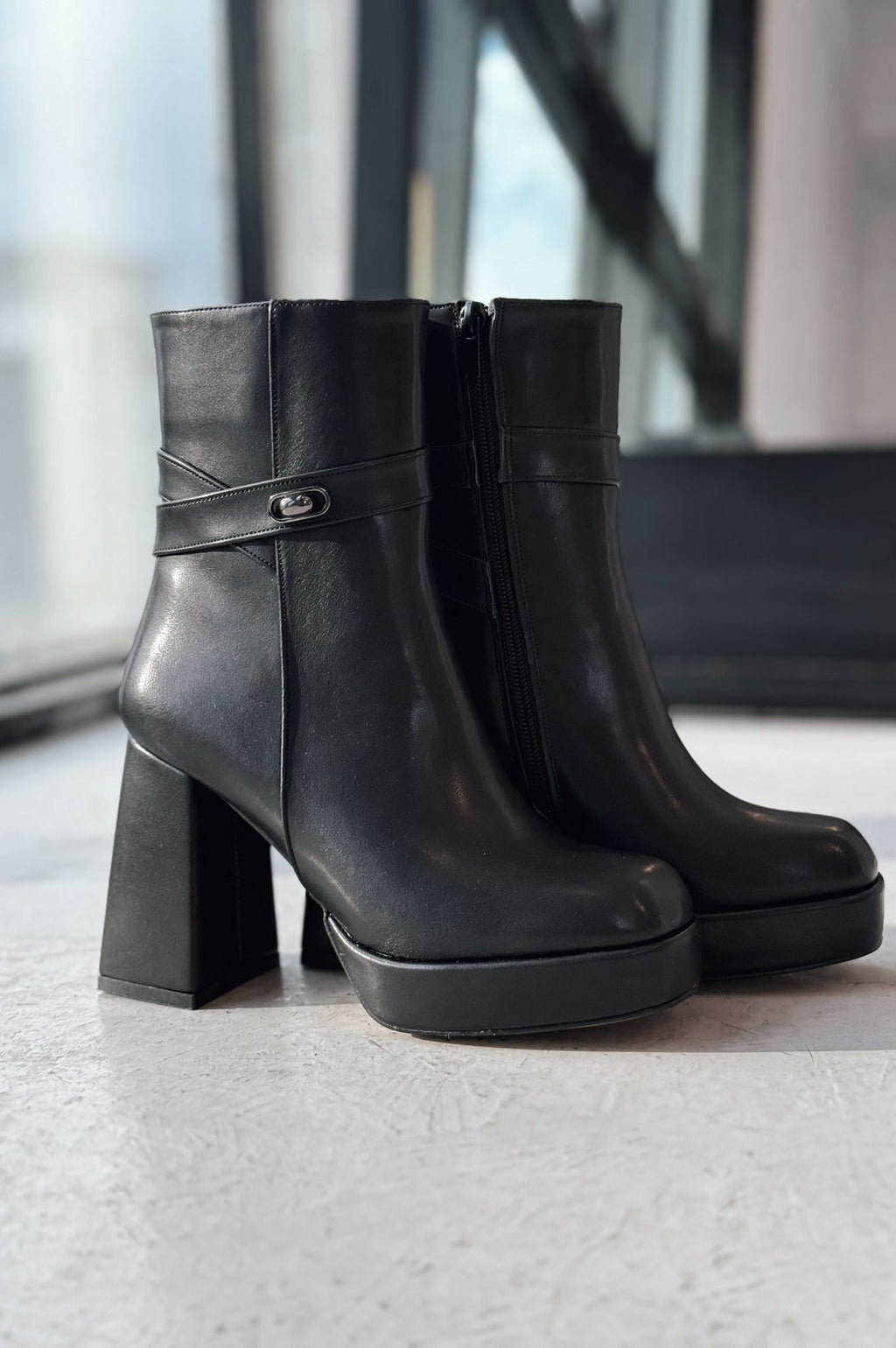Xeniar Black Faux Leather Platform Zip Buckle Women's Boots