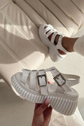 Movina White Patent Faux Leather Buckle Thick Sole Women's Sandals