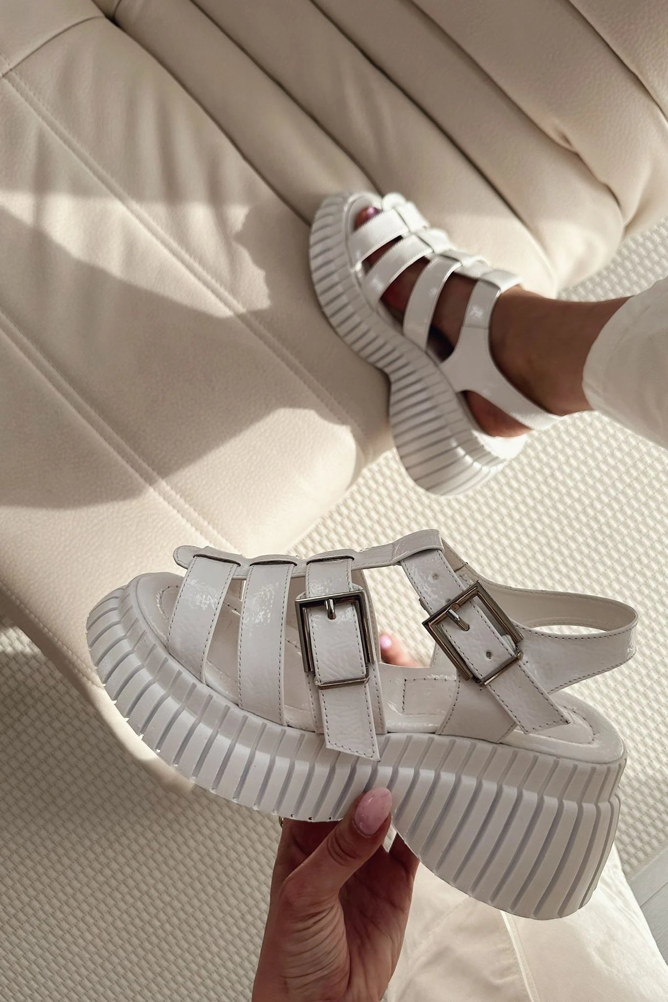 Movina White Patent Faux Leather Buckle Thick Sole Women's Sandals